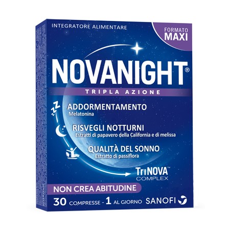 NOVANIGHT 30 COMPRESSE TRIPLA AZIONE PER RISVEGLI NOTTURNI, ADDORMENTAMENTO, QUALITÀ DEL SONNO  CON MELATONINA, ESTRATTI D