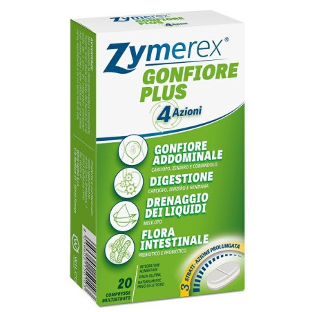 ZYMEREX GONFIORE PLUS 4 AZIONI 20 COMPRESSE MULTISTRATO PER GONFIORE ADDOMINALE CON CARCIOFO, ZENZERO, CORIANDOLO  DIGESTI