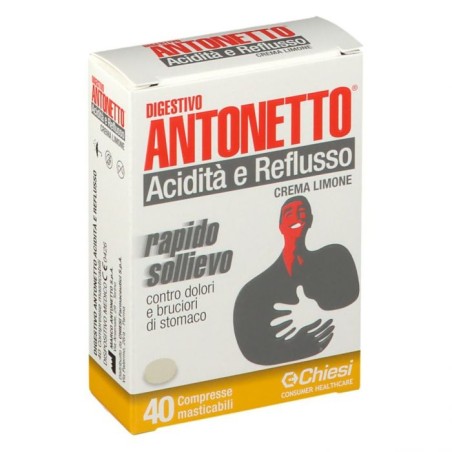 DIGESTIVO ANTONETTO 40 COMPRESSE MASTICABILI ACIDITÀ E REFLUSSO  RAPIDO SOLLIEVO CONTRO DOLORI E BRUCIORI DI STOMACO  CREM