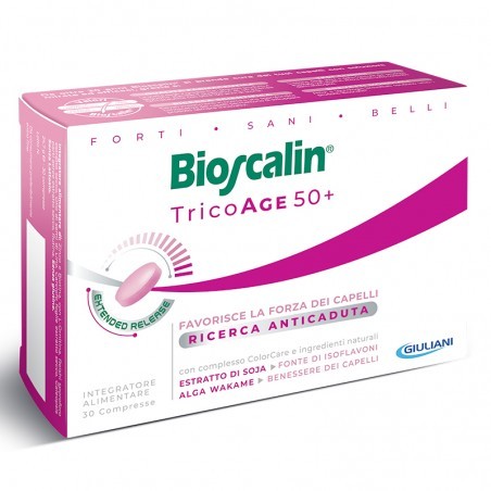 BIOSCALIN 30 COMPRESSE TRICOAGE 50+ CON ESTRATTO DI SOJA, FONTE DI ISOFLAVONI, ALGA WAKAME, CON COMPLESSO COLORCARE  CON B