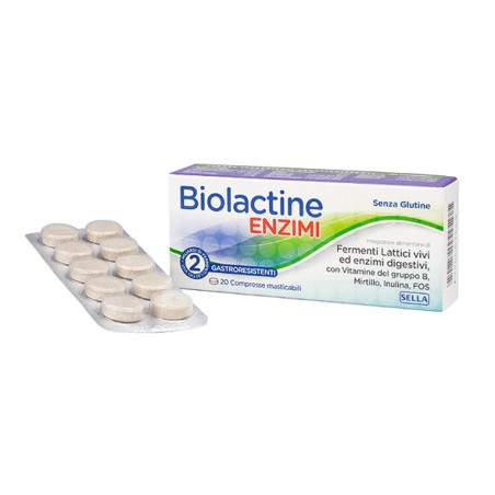 BIOLACTINE ENZIMI 20 COMPRESSE MASTICABILI FERMENTI LATTICI VIVI 2 MILIARDI CON PREBIOTICI, PROBIOTICI, ESTRATTO DI MIRTIL