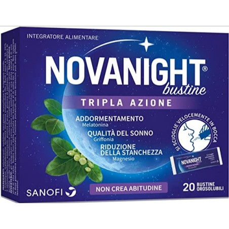 NOVANIGHT 20 BUSTINE OROSOLUBILI TRIPLA AZIONE CON MELATONINA, GRIFFONIA, MAGNESIO PER ADDORMENTAMENTO, QUALITÀ DEL SONNO,