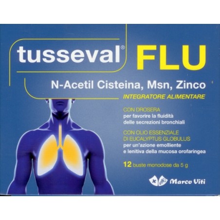 TUSSEVAL FLU 12 BUSTINE FLUIDIFICANTE CON N-ACETIL CISTINA 600 MG, MSN, ZINCO  CON DROSERA PER FAVORIRE LA FLUIDITÀ DELLE