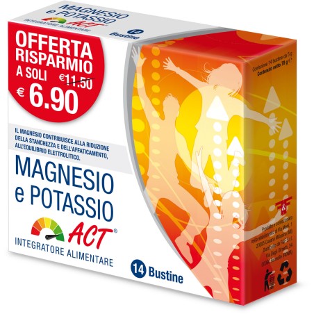 MAGNESIO POTASSIO ACT 14 BUSTINE CON VITAMINA C  CONTRIBUISCE ALLA RIDUZIONE DI STANCHEZZA E AFFATICAMENTO, AL NORMALE MET