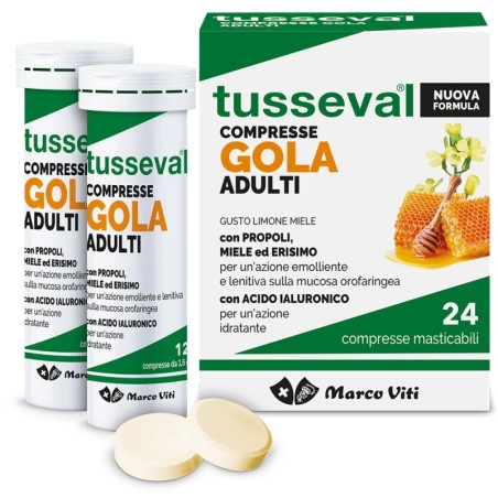 TUSSEVAL GOLA ADULTI 24 COMPRESSE MASTICABILI GUSTO LIMONE E MIELE CON PROPOLI, ERISIMO, MIELE CON AZIONE EMOLLIENTE E LEN