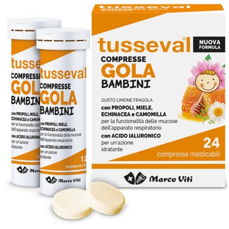 TUSSEVAL GOLA BAMBINI 24 COMPRESSE MASTICABILI GUSTO LIMONE FRAGOLA CON PROPOLI, ECHINACEA, MIELE AZIONE EMOLLIENTE E LENI