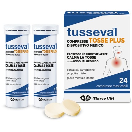 TUSSEVAL 24 COMPRESSE MASTICABILI PROTEGGE LE PRIME VIE AEREE CALMA LA TOSSE CON ACIDO IALURONICO CON ALTEA, CARRAGENINE,