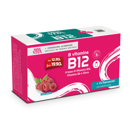 VITAMINA B 12 CON VITAMINA B6, ZINCO  FORMATO 15 FLACONCINI GUSTO LAMPONI, CON EDULCORANTE, SENZA GLUTINE  FAVORISCE LA NO