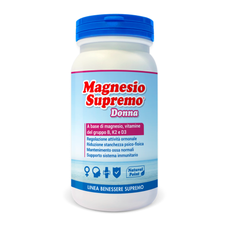 MAGNESIO SUPREMO DONNA 150 G CON MAGNESIO, VITAMINA B6, VITAMINA B9, VITAMINA K2, VITAMINA D3, VITAMINA B12  REGOLAZIONE A