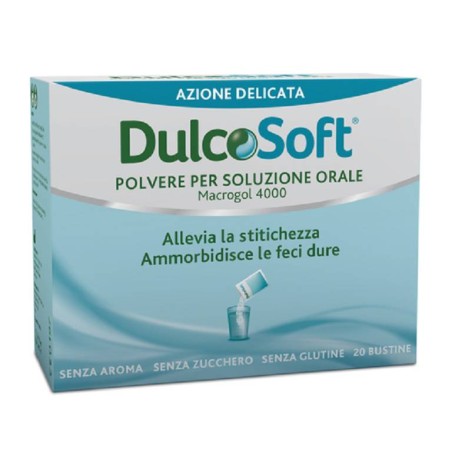 DULCOSOFT POLVERE 20 BUSTINE MACROGOL 400 ALLEVIA LA STITICHEZZA, AMMORBIDISCE LE FECI DURE  SENZA AROMA, SENZA GLUTINE, S