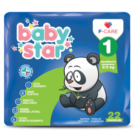 BABYSTAR 22 PANNOLINI TAGLIA 1 NEWBORN 2/5 KG  SUPER ASSORBENTI, BANDE ELASTICHE, PRODOTTO ANALLERGICO, MORBIDE BARRIERE L