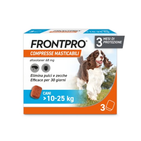 FRONTPRO CONTRO PULCI E ZECCHE 3 COMPRESSE MASTICABILI PER CANI 10-25 KG 68 MG