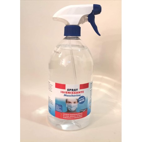 SPRAY IGIENIZZANTE MASCHERINE 1 LITRO CON ALCOL  L' USO FREQUENTE ELIMINA IMPURITÀ E CONTAMINANTI