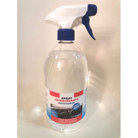 SPRAY IGIENIZZANTE AUTOMOBILI 1 LITRO CON ALCOL  L' USO FREQUENTE ELIMINA IMPURITÀ E CONTAMINANTI