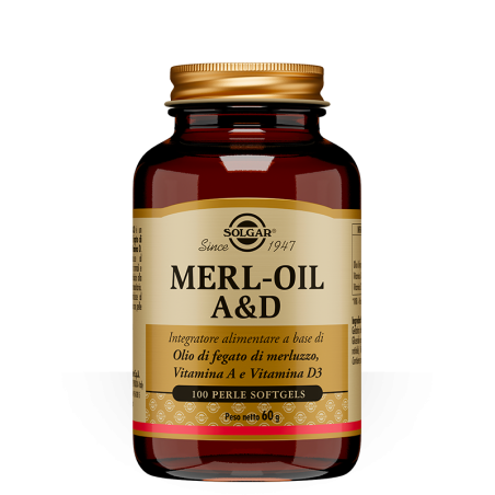 SOLGAR MERL - OIL A&D CON OLIO DI FEGATO DI MERLUZZO, VITAMINA A, VITAMINA D3  FORMATO 100 PERLE